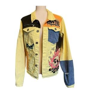 Genuine Authentic Unique Yellow Denim Jacket Skull Fire Freezing Men's Small